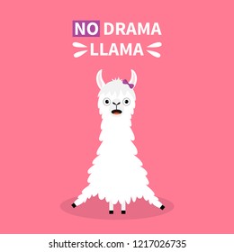 Do drama Llama alpaca sitting. Cute cartoon funny kawaii smiling character. Childish baby collection. Fluffy fur. T-shirt, greeting card, poster template print. Flat design. Pink background. Vector