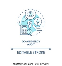 Icono de concepto turquesa de auditoría energética. Gastos de la empresa. Eficiencia energética en el trabajo, idea abstracta, ilustración de línea delgada. Dibujo de contorno aislado. Trazo editable. Fuentes Arial, Myriad Pro-Bold utilizadas