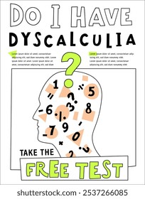 Do I have dyscalculia concept. Math disability banner. Number dyslexia vertical poster. Arithmetic disorder portrait print. Editable vector illustration in pop art style isolated on a white background