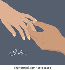 I Do italics sign and mans hand puts gold engagement ring with turquoise gems on womans isolated vector illustration on dark background.