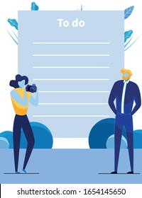 To Do Lined List with Celebrity or Successful Rich Man Cartoon Character Interview and Shooting For Press. Important Famous VIp Person and Woman Reporter Making Photo. Flat Vector Illustration.