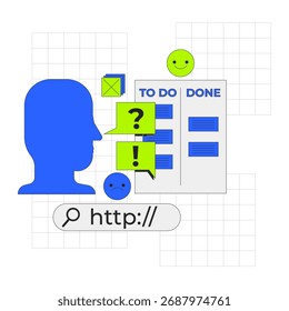 Para hacer una lista de ilustración ui de incorporación 2D. Tablero Kanban. Barra de búsqueda de Web, sentimiento, recordatorio. Productividad, gestión de tareas, concepto de dibujos animados App de flujo de trabajo aislado en blanco. Metáfora de Vector abstracto plano