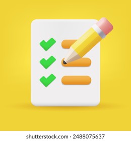 To Do List 3D Icon with Checkmark. Survey or Feedback Concept. Trend Vector Illustration.