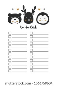 To do list, A4 format, printable page for organiser, notebook. Penguin, bear and deer.