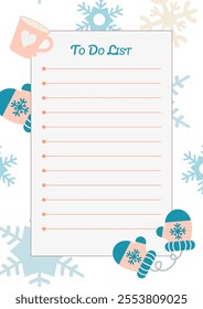 To Do List. A4 vertical template with a place for notes on the background of a winter patter.