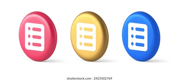 To do list agenda important message button planner business organizer time management 3d realistic blue gold and pink icons. Note list page document form user interface digital panel