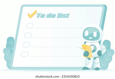 To do list and AI robot planning concept. Filling form to do list, checklist, schedule plan, reminder, project assignment to achieve success. Flat vector design illustration.