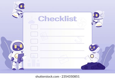 To do list and AI robot planning concept. Business teamwork strategy schedule plan, checklist, reminder, project assignment to achieve success. Flat vector design illustration.
