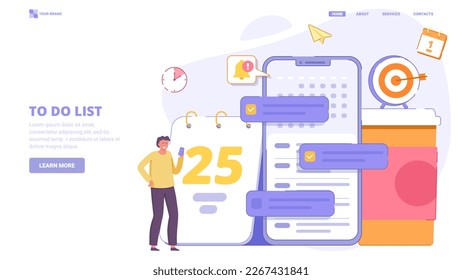 To do list application, list of tasks online, to do reminder app, checklist, successful business plan tasks. Flat design concept for landing page. Vector illustration with tiny characters.