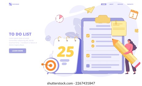 To do list application, list of tasks online, to do reminder app, checklist, successful business plan tasks. Flat design concept for landing page. Vector illustration with tiny characters.