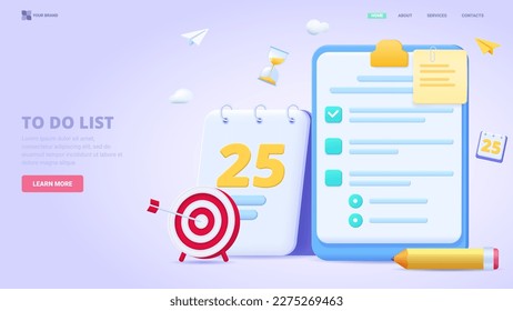 To do list application, list of tasks online, to do reminder app, checklist, successful business plan tasks. 3d design concept for landing page. Three dimensional vector illustration.