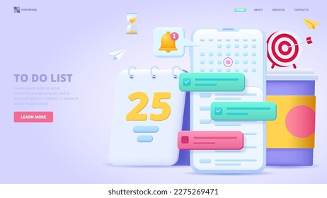 To do list application, list of tasks online, to do reminder app, checklist, successful business plan tasks. 3d design concept for landing page. Three dimensional vector illustration.