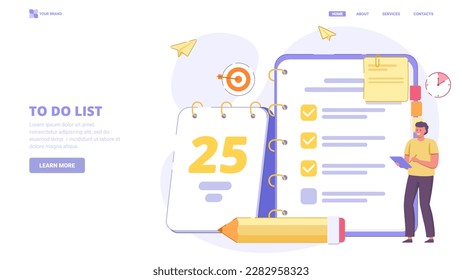 To do list application, list of tasks online, to do reminder app, checklist, successful business plan tasks. Flat design concept for landing page. Vector illustration with tiny characters.
