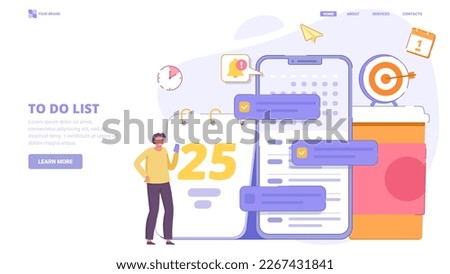To do list application, list of tasks online, to do reminder app, checklist, successful business plan tasks. Flat design concept for landing page. Vector illustration with tiny characters.