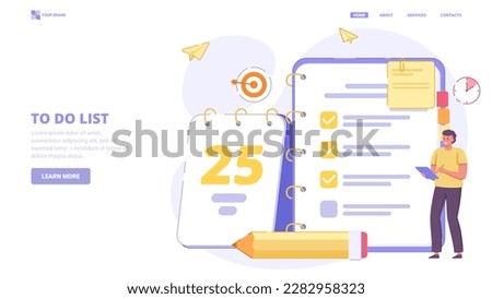 To do list application, list of tasks online, to do reminder app, checklist, successful business plan tasks. Flat design concept for landing page. Vector illustration with tiny characters. 商業照片 © 