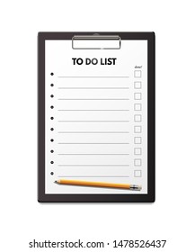To do list attaching to clipboard illustration. Paper, document page with blank checkboxes isolated realistic clipart. Paper sheet with text space vector design element. Checklist on white background