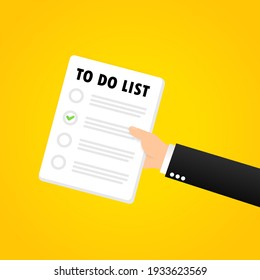 Para hacer banner de lista. Mano sujetando para hacer la lista. Planificación mensual, gestión del tiempo. Organización. Vector de fondo aislado. EPS 10