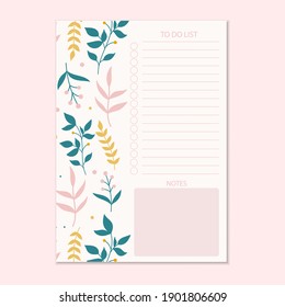 To do list with botanical elements.Template for to do list and other stationery