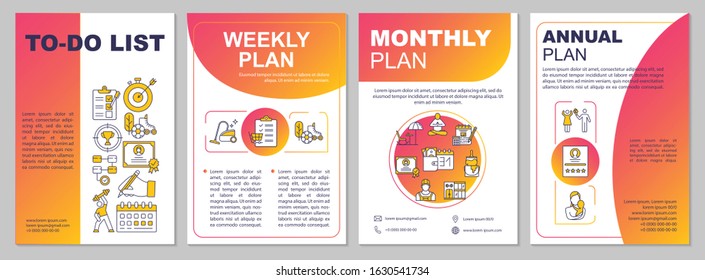 To do list brochure template. Weekly and monthly planning. Flyer, booklet, leaflet print, cover design with linear icons. Vector layouts for magazines, annual reports, advertising posters