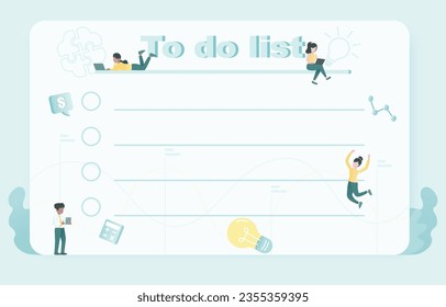 To do list and business variety activity character. Business plan, task checklist, reminder, schedule project plan, assignment to achieve success.  Flat vector design illustration.