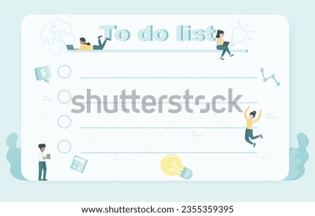 To do list and business variety activity character. Business plan, task checklist, reminder, schedule project plan, assignment to achieve success.  Flat vector design illustration.