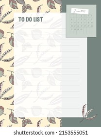 To do list with calendar june 2022 on pattern background with doodle pods. Forms, reminders, notes, recipes. Vector illustration