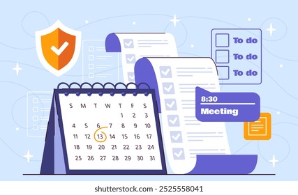 To do list. Calendar and long todo list. Time management organizing effective work process. Planning and scheduling, task management. Flat vector illustration isolated on blue background