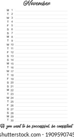 Um eine Liste zu erstellen, Kalender für November 2021.