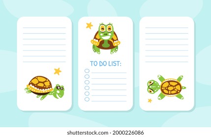To Do List Cards with Happy Green Turtle with Shell Vector Illustration
