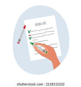 To Do list check. Human hand with green pencil marking items. Red pencil near. Plan or To do list concept with hand drawn text. Colored flat Vector illustration isolated on white background.
