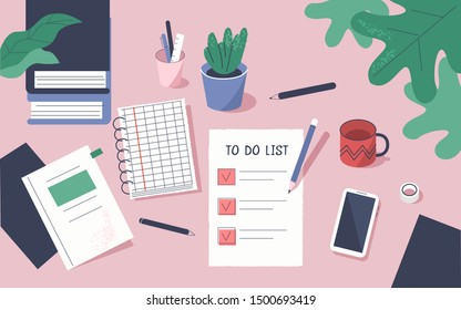 To Do List with Check Marks. Modern Office Desk with Planners, Organizers, Notebooks. Planning, Personal Organizer and Time management Concept.  Flat Cartoon Vector Illustration.