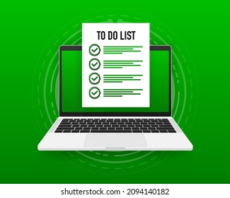 To do list or check list on computer screen. Paper sheets with mark icon. Isolated on green background. Vector illustration.