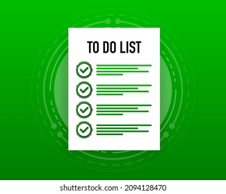 To do list or check list. Paper sheets with mark icon. Isolated on green background. Vector illustration.