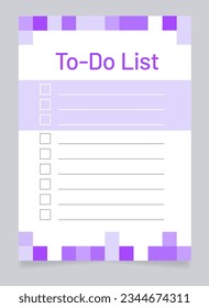To do list with checkboxes purple worksheet design template. Blank printable goal setting sheet. Time management sample. Scheduling page for organizing personal tasks. Barlow Medium font used
