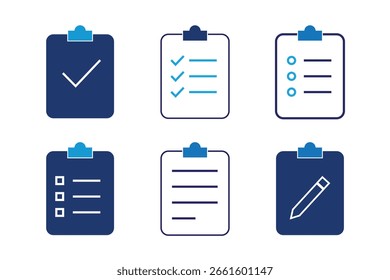 Lista de tareas Lista de comprobación Icono de Portapapeles Diseño de Ilustración vectorial de signos con una simple marca de verificación plana para negocios, Web e icono de interfaz. Icono de lista de comprobación. Conjunto de iconos de Portapapeles de color azul.  Eps 10