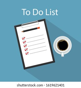 To do list. Checklist clipboard paper list coffee. EPS10 vector illustration.