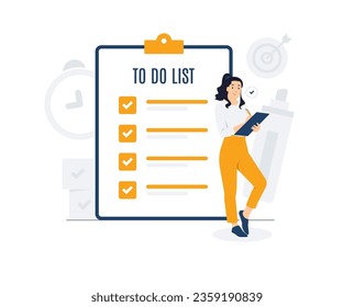 To do list, checklist, filling out digital form, assessment, questionnaire, evaluation, online survey. Businesswoman using pen tick correct sign mark check box concept illustration