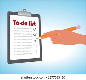 To do list, checklist with hand and pen. Vector illustration.