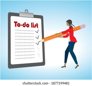 To do list, checklist, woman with pen. Vector illustration.