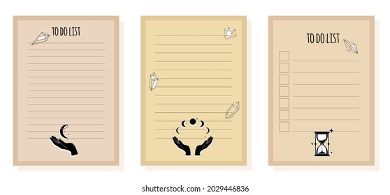 To do list and cheeck list for planner and notebook, task list with magic items for astrology. Vector stock illustration