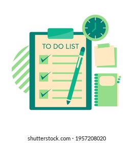 To do list clipboard with pen, notebook ,paper and clock vector.