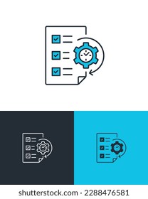 To do list with clock and gear on note paper. Task planning, project and time management concept. Business vector icon on three different backgrounds.