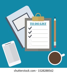 TO Do LIST, coffee, smartphone, notebook and pencil on blue background. Flat vector illustration