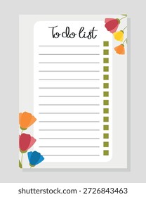 Lista de Tarefas Pendentes com padrão de flores coloridas. Spring blank para lista de verificação, impressão, planejador, diário, compras, organizador, notas.
