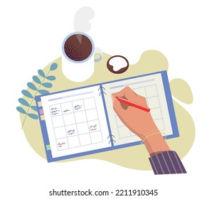 To do list concept. Character writes information in cell, forms his own schedule. Metaphor for time management and efficient workflow. Hardworking employee or student. Cartoon flat vector illustration
