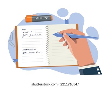 To do list concept. Character writes down goals in notebook, time management and efficient workflow. Motivation and leadership, vision of future and task settings. Cartoon flat vector illustration