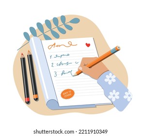 To do list concept. Character writes goals and objectives in notebook. Time management and motivation. Hardworking employee or student. Poster or banner for website. Cartoon flat vector illustration