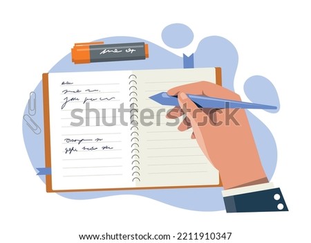 To do list concept. Character writes down goals in notebook, time management and efficient workflow. Motivation and leadership, vision of future and task settings. Cartoon flat vector illustration