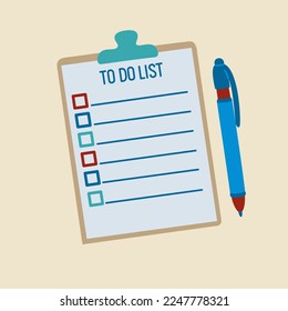 To Do List concept. Clipboard with paper sheet and pen. Hand drawn vector illustration isolated on light background. Flat cartoon style.