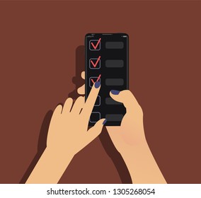 To Do list Concept with Hand Holding a Smartphone with Checklist. Suitable for Web banner, Infographics. Flat Vector illustration
